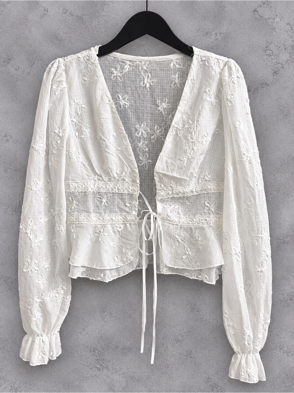 White Floral Embroidered Sheer Peplum Tie Front Blouse Boho Romantic